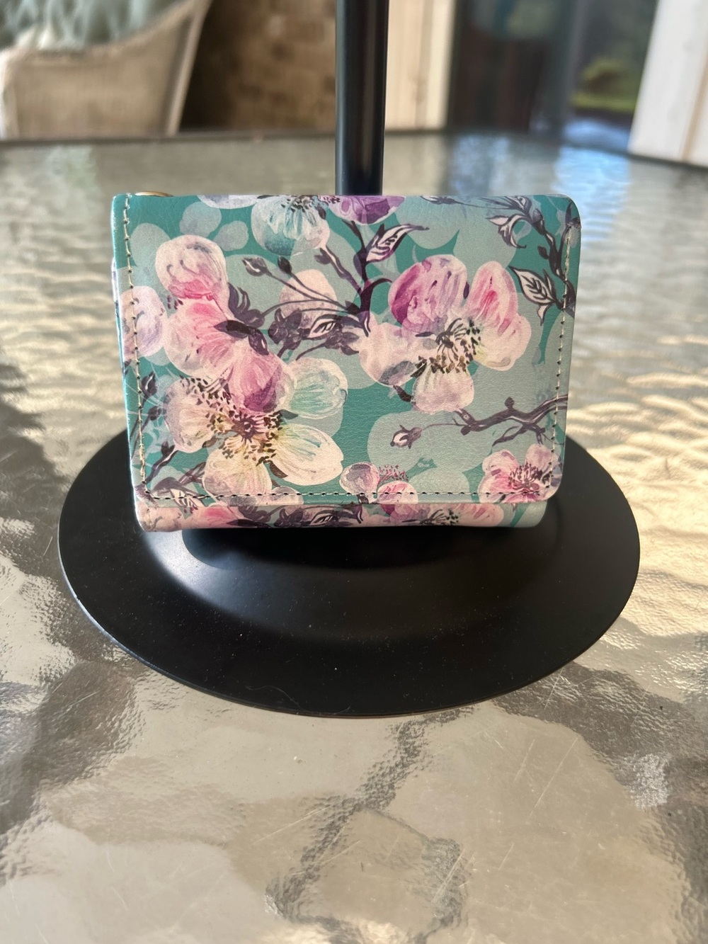 Floral Watercolor Trifold Wallet Mint Teal Pink Snap Card Holder